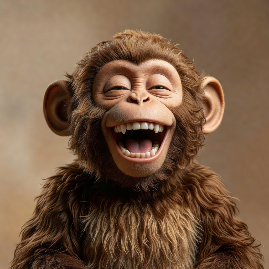 Close up image of monkey mascot laughing happily